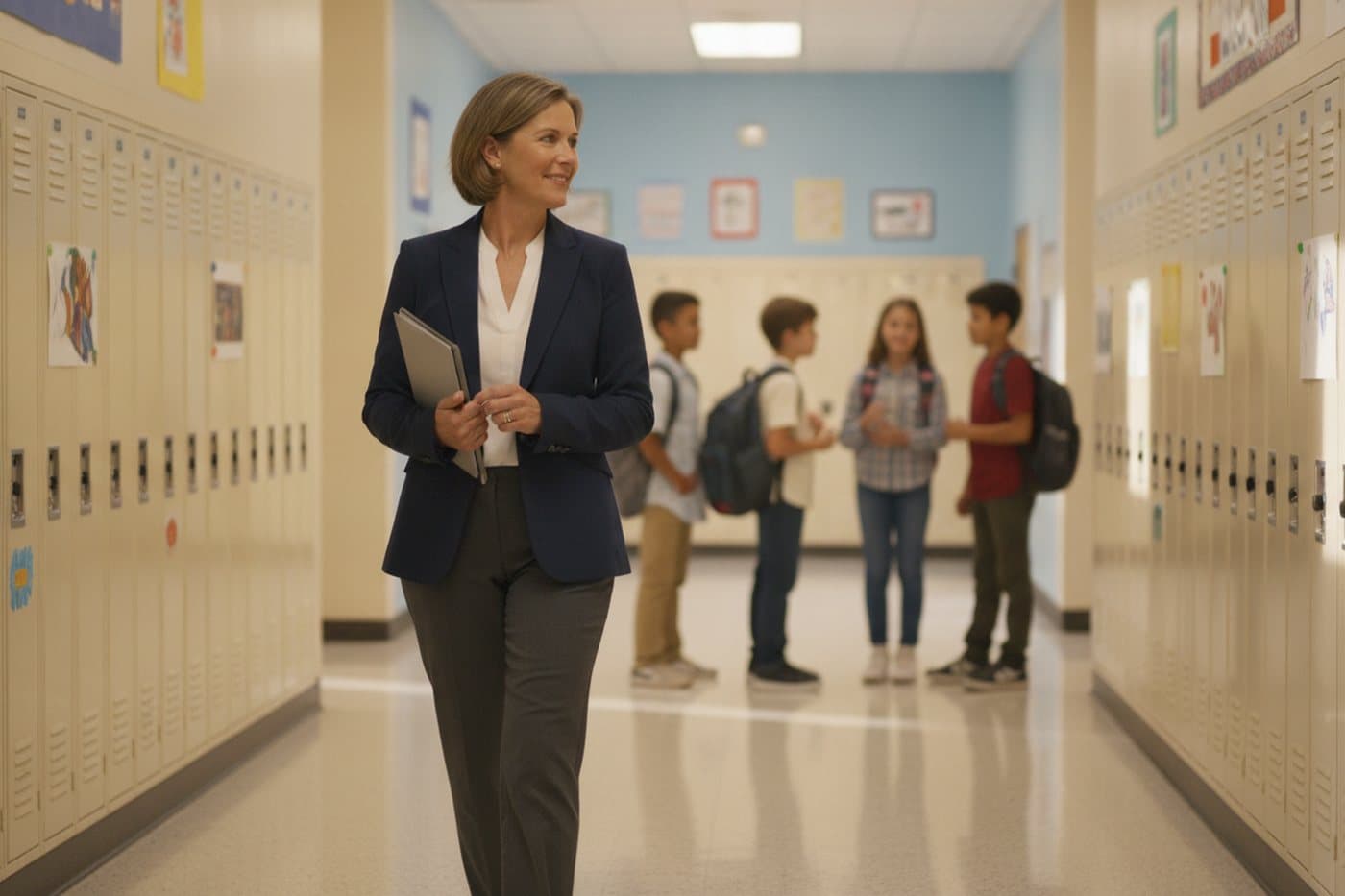 School principal walking through a K-12 school hallway