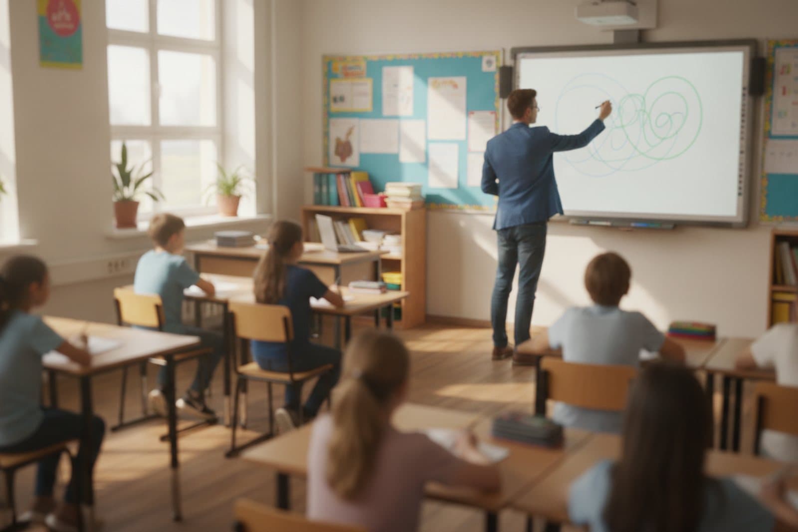Teacher leading a lesson at the whiteboard in a K-12 classroom